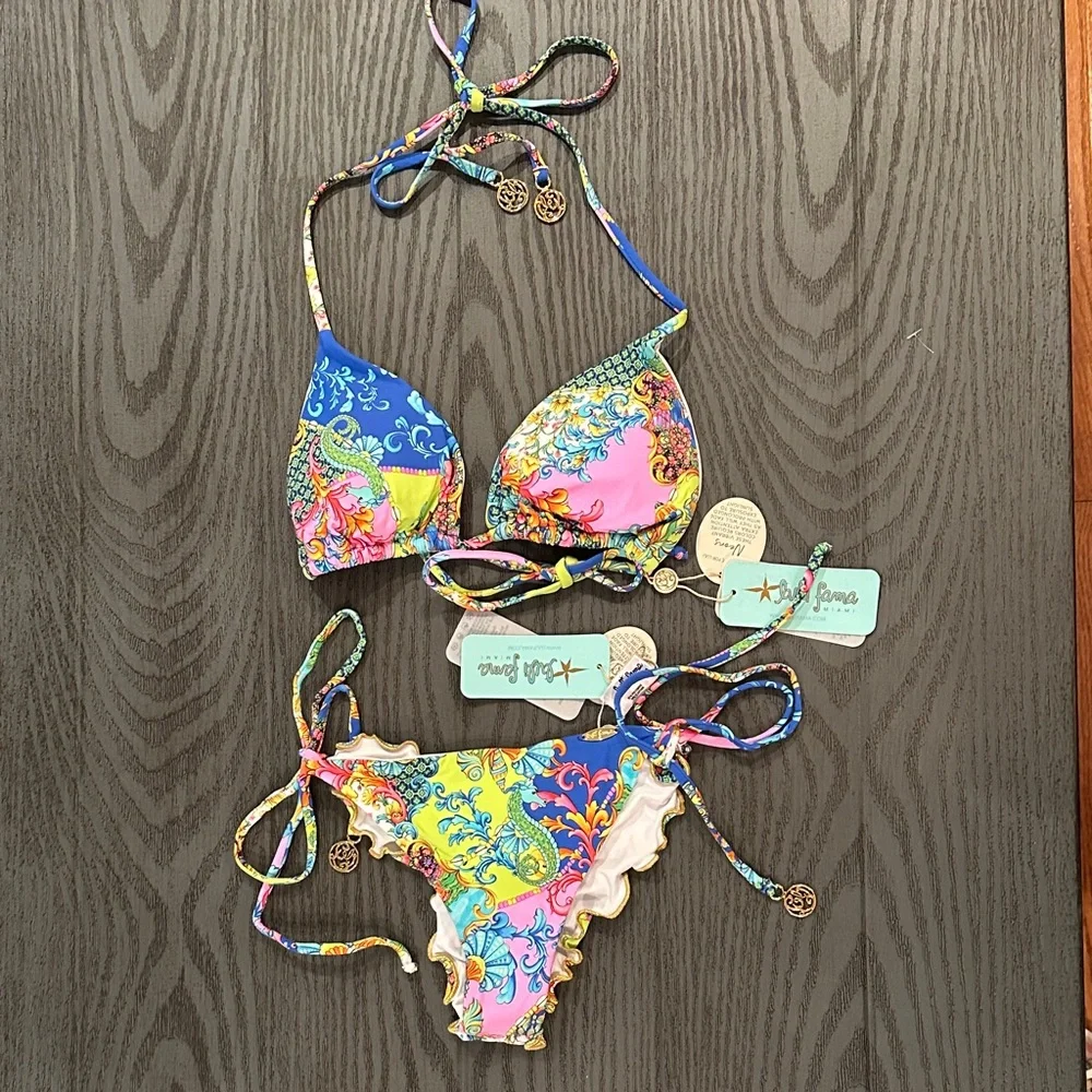 Luli Fama Vibrant Blue Pink Yellow Paisley Triangle Bikini - Picture 3 of 11